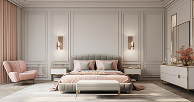Interno di una camera da letto elegante con letto matrimoniale, poltrona rosa, tendaggi e mobili chiari.